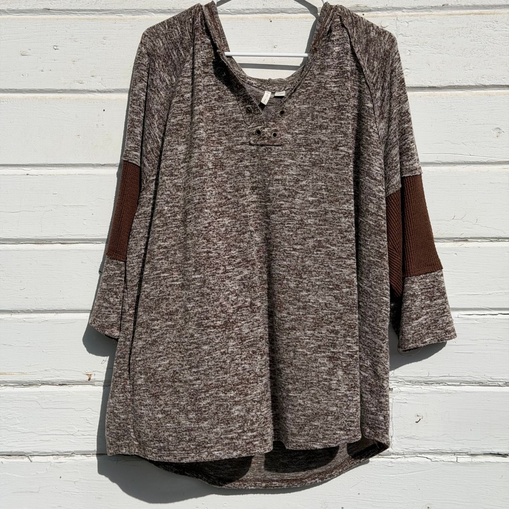 Cato Womens Plus 22/24W Brown Marl‎ Knit Hooded Top Waffle Sleeve Accent